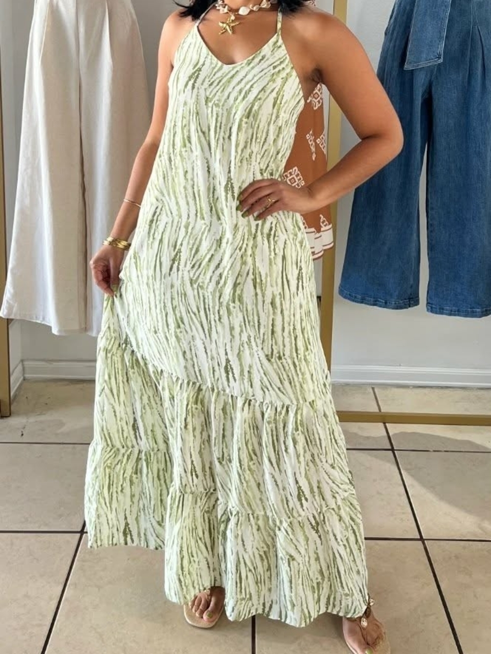She + Sky Light Green Patterned Halter Tiered Maxi Dress